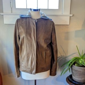 Lightweight vegan leather jacket with detachable hood.